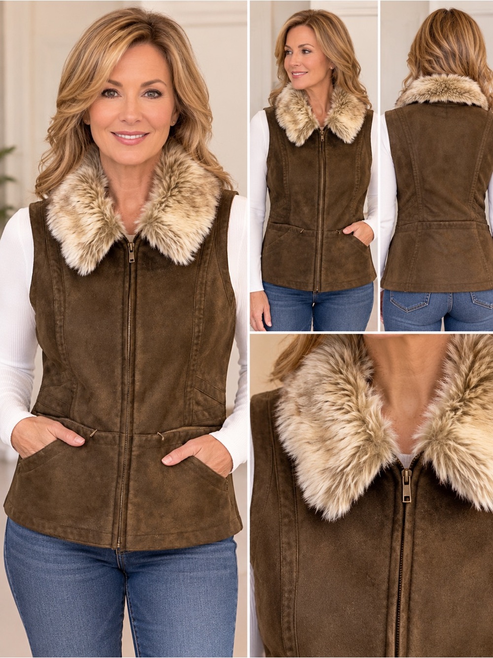 MontanaCo Womens M Brown Faux Suede Vest Faux Fur Collar Western Zip Boho via